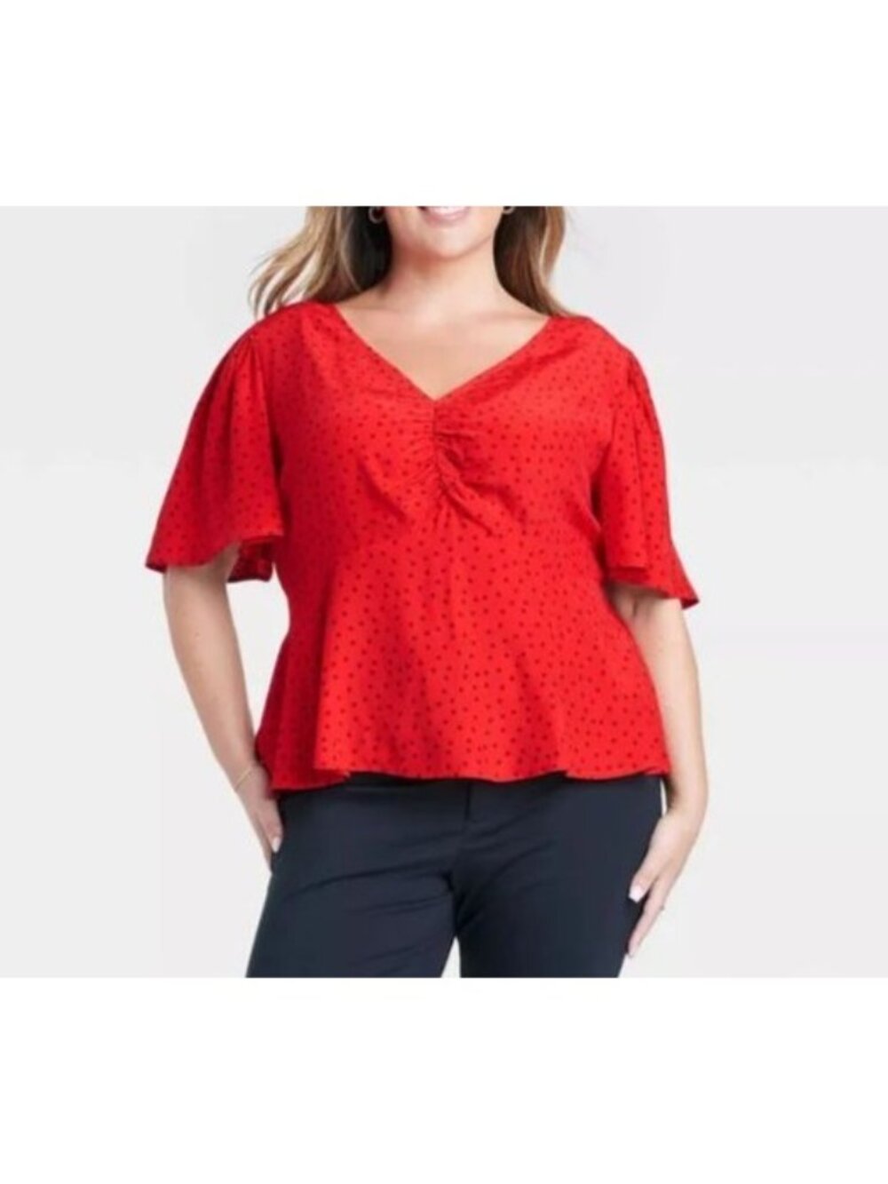 A New Day Polka Dot Vneck Shirt Womens XXL Red New Flutter